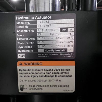 100kN (22KIP) MTS MODEL 318.10 Top Mount Actuator