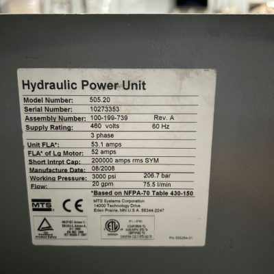 20GPM MTS 505.20 Hydraulic Power Supply