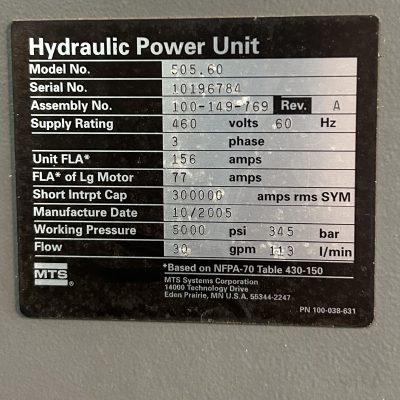 60GPM MTS 505.60 Hydraulic Power Unit